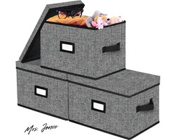 Mrs. Jones Opbergdozen met deksel 3 stuks - vouwdoos opbergmand 30 liter - stoffen dozen organizer kisten opslag voor speelgoed kleding - 30 x 25 cm grijs .