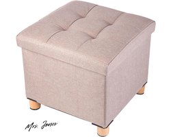 Mrs. Jones Opvouwbare opbergpoef met houten poten linnen voetenbank opbergkist met zeer elastische sponsvulling kaki 38 x 38 x 38 cm - opbergpoef - voetenbank .