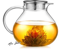 Mrs. Jones Premium Collection Glazen theepot - 1400 ml - 18/8 zilver roestvrij staal - Theezeefdeksel - Borosilicaatglas - Geschikt voor warme en koude dranken - Open vuur .