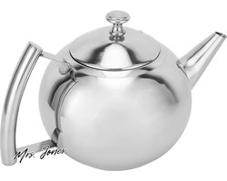 Mrs. Jones Premium Collection Ronde dubbelwandige theepot - Roestvrij staal - Helder - Druppelloos - Filter - 1L .