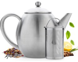 Mrs. Jones Premium Collection - Theepot - Roestvrij staal - Mat - Dubbelwandig - 1.2L - Druppelt niet - Houdt de thee warm - Inclusief filter