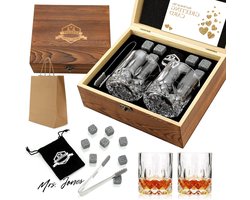 Mrs. Jones Premium Collection Whiskystenen - Glazen cadeauset - Handgemaakte houten kist - Koele drankjes - Set van 2 whiskyglazen - Cadeau voor vader & echtgenoot - Heren .
