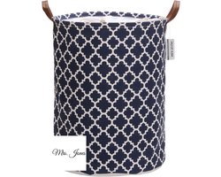 Mrs. Jones Sea Team Marokkaans roosterpatroon Canvas Wasmand - Opvouwbare opbergbak - PU-lederen handgrepen - Trekkoordsluiting - Waterdichte binnenkant - Donkerblauw - 177 bij 138 inch .