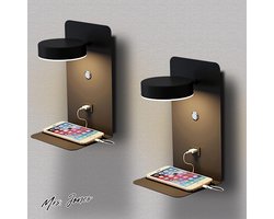 Mrs. Jones Set van 2 led-slaapkamerlampen met USB-oplaadpoort - dimbare touchscreen wandlamp - 12 W zwarte binnenlamp - snoer - 350° draaibare wandleeslamp .