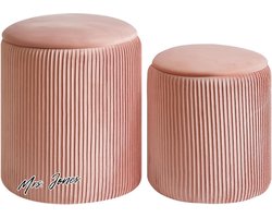 Mrs. Jones Set van 2 ronde Ottomaanse met opslag fluwelen make-upkruk voor make-up moderne salontafel met gewatteerde zitting multifunctionele voetensteun kruk voor woonkamer en slaapkamer roze - Ottomaanse Krukken - Voetenbank - Rosa Velvet .