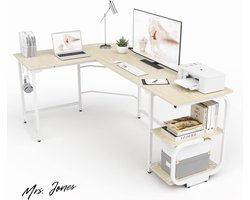 Mrs. Jones Ulifance L-vormige hoekbureau omkeerbaar met planken en hoofdtelefoonhaak - gamingbureau laptoptafel werkstations voor thuiskantoor beige. .