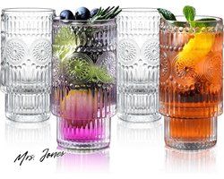 Mrs. Jones Vintage glaswerk drinkglazen set van 4 340ml Highball glazen kopjes reliëf helder hoog water beker met patroon voor cocktail bier whisky sap ijskoffie thee en gemengde dranken .