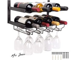 Mrs. Jones Wijnrek muur van metaal zwart - flessenrek voor thuis keuken bar - wanddecor - wandgemonteerde wijnhouder rek - geschikt voor 8 glazen en 8 wijnflessen - 2-traps wijnflessenhouder muur .