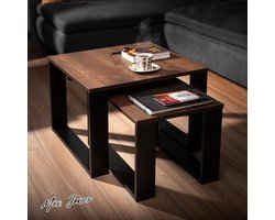 Mrs. Jones Woonkamer Tafel Set Van 2 Houten Salontafels In Verschillende Maten Met Zwart Frame En Houten Blad Bijzettafels Voor Woonkamer Set Coffee Table Side Table .