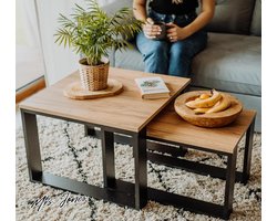 Mrs. Jones Woonkamer Tafel Set Van 2 Maten Houten Salontafel Bijzettafel Zwart Frame Houten Blad Streep Bijzettafels Streep Coffee Table Side Table .