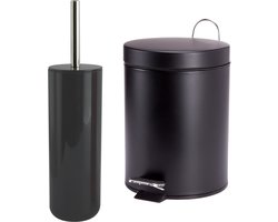 MSV Badkamer accessoires set - zwart - pedaalemmer 5L en wc/toilet-borstel - metaal/kunststof