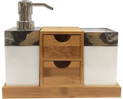 MSV Badkamer Accessoireset – Badkamerset met Zeepdispenser, 2 Lades en Beker – Compacte Badkamer Accessoires Set