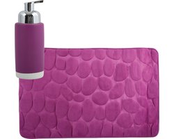 MSV badkamer droogloop mat/tapijt Kiezel motief - 50 x 80 cm - zelfde kleur zeeppompje 260 ml - paars