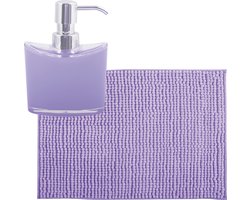MSV badkamer droogloop mat/tapijtje - 40 x 60 cm - en zelfde kleur zeeppompje 260 ml - lila paars