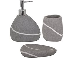 MSV Badkamer set van 3 - ZEN - Zeeppompje, zeepbakje en beker - Keramiek - Grijs