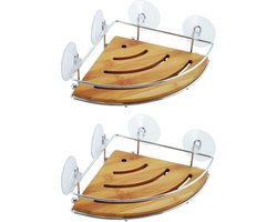 MSV doucherekje/badkamerrek - 2x - hoek-model - bamboe hout - metaal - 20 x 20 cm