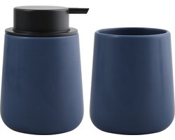 MSV Zeeppompje en drink/tandenborstel beker - badkamer set Malmo - keramiek - donkerblauw