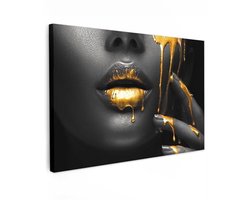 MuchoWow© Canvas Painting 120x80cm Room Wall Paintings Decoration Living Room Bedroom Room Decor Wall Decoration Art Painting Woman - Black - Gold - Face - Lips