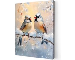 MuchoWow© Canvas Schilderij 50x70 cm Kamer Decoratie Woonkamer Schilderijen Slaapkamer Room Decor Wanddecoratie Wall Art Painting Vogels - Tak - Winter - Sneeuw