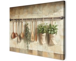 MuchoWow© Canvas Schilderij 70x50 cm Kamer Decoratie Woonkamer Schilderijen Slaapkamer Room Decor Wanddecoratie Wall Art Painting Hout - Keukengerei - Stilleven - Tegels
