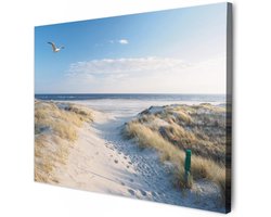 MuchoWow© Canvas Schilderij 70x50 cm Kamer Decoratie Woonkamer Slaapkamer Room Decor Wanddecoratie Wall Art Painting Duin - Meeuw - Strand - Zee - Zon