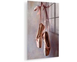 MuchoWow® Glasschilderij 100x150 cm - Schilderij acrylglas - Balletschoenen - Satijn - Aardetinten - Foto op glas - Muurdecoratie woonkamer - Wanddecoratie slaapkamer - Schilderijen