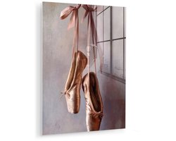 MuchoWow® Glasschilderij 120x160 cm - Schilderij acrylglas - Balletschoenen - Satijn - Aardetinten - Foto op glas - Muurdecoratie woonkamer - Wanddecoratie slaapkamer - Schilderijen