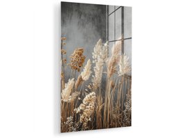 MuchoWow® Glasschilderij 120x180 cm - Schilderij acrylglas - Gedroogde Veldbloemen - Grijs - Beton - Foto op glas - Muurdecoratie woonkamer - Wanddecoratie slaapkamer - Schilderijen