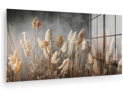 MuchoWow® Glasschilderij 120x60 cm - Schilderij acrylglas - Gedroogde Veldbloemen - Grijs - Beton - Foto op glas - Muurdecoratie woonkamer - Wanddecoratie slaapkamer - Schilderijen