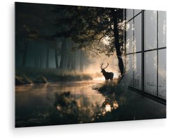 MuchoWow® Glasschilderij 120x80 cm - Schilderij acrylglas - Hert - Bosbeek - Mystiek - Foto op glas - Muurdecoratie woonkamer - Wanddecoratie slaapkamer - Schilderijen