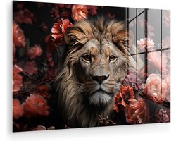 MuchoWow® Glasschilderij 120x80 cm - Schilderij acrylglas - Leeuw - Dier - Natuur - Botanisch - Bloemen - Roze - Foto op glas - Muurdecoratie woonkamer - Wanddecoratie slaapkamer - Schilderijen