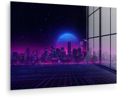 MuchoWow® Glasschilderij 120x80 cm - Schilderij acrylglas - Skyline - Zon - Neon - Rasterpatroon - Foto op glas - Muurdecoratie woonkamer - Wanddecoratie slaapkamer - Schilderijen