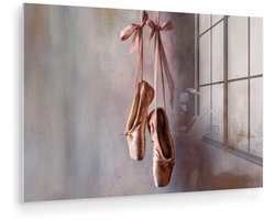 MuchoWow® Glasschilderij 150x100 cm - Schilderij acrylglas - Balletschoenen - Satijn - Aardetinten - Foto op glas - Muurdecoratie woonkamer - Wanddecoratie slaapkamer - Schilderijen