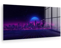 MuchoWow® Glasschilderij 160x80 cm - Schilderij acrylglas - Skyline - Zon - Neon - Rasterpatroon - Foto op glas - Muurdecoratie woonkamer - Wanddecoratie slaapkamer - Schilderijen