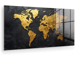 MuchoWow® Glasschilderij 160x80 cm - Schilderij acrylglas - Wereldkaart - Goud - Steen - Foto op glas - Muurdecoratie woonkamer - Wanddecoratie slaapkamer - Schilderijen