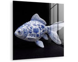 MuchoWow® Glasschilderij 20x20 cm - Schilderij acrylglas - Porselein - Goudvis - Delfts - Blauw - Foto op glas - Muurdecoratie woonkamer - Wanddecoratie slaapkamer - Schilderijen