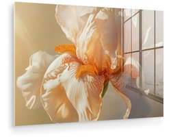 MuchoWow® Glasschilderij 30x20 cm - Schilderij acrylglas - Close up - Oranje - Iris - Foto op glas - Muurdecoratie woonkamer - Wanddecoratie slaapkamer - Schilderijen