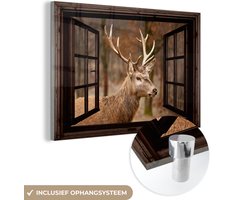 MuchoWow® Glasschilderij 30x20 cm - Schilderij acrylglas - Hert - Dier - Bos - Herfst - Hertenkop - Bruin - Doorkijk - Foto op glas - Muurdecoratie woonkamer - Wanddecoratie slaapkamer - Schilderijen