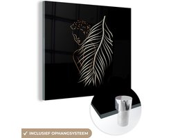 MuchoWow® Glasschilderij 50x50 cm - Schilderij acrylglas - Vrouw - Veer - Zilver - Goud - Foto op glas - Schilderijen