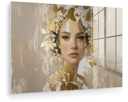 MuchoWow® Glasschilderij 60x40 cm - Schilderij acrylglas - Gezicht - Vrouw - Bladeren - Goud - Foto op glas - Muurdecoratie woonkamer - Wanddecoratie slaapkamer - Schilderijen