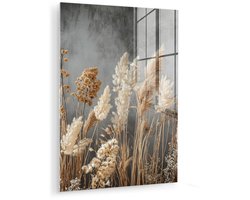MuchoWow® Glasschilderij 60x80 cm - Schilderij acrylglas - Gedroogde Veldbloemen - Grijs - Beton - Foto op glas - Muurdecoratie woonkamer - Wanddecoratie slaapkamer - Schilderijen