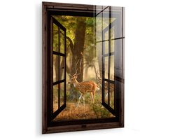 MuchoWow® Glasschilderij 60x80 cm - Schilderij acrylglas - Herten - Bos - Herfst - Bosdieren - Natuur - Hert - Doorkijk - Foto op glas - Muurdecoratie woonkamer - Wanddecoratie slaapkamer - Schilderijen