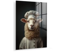 MuchoWow® Glasschilderij 60x80 cm - Schilderij acrylglas - Schaap - Wol - Kok - Foto op glas - Muurdecoratie woonkamer - Wanddecoratie slaapkamer - Schilderijen