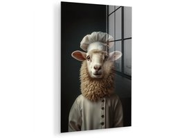 MuchoWow® Glasschilderij 80x120 cm - Schilderij acrylglas - Schaap - Wol - Kok - Foto op glas - Muurdecoratie woonkamer - Wanddecoratie slaapkamer - Schilderijen