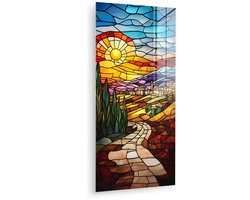 MuchoWow® Glasschilderij 80x160 cm - Schilderij acrylglas - Mozaïek - Zon - Landschap - Dorp - Foto op glas - Muurdecoratie woonkamer - Wanddecoratie slaapkamer - Schilderijen