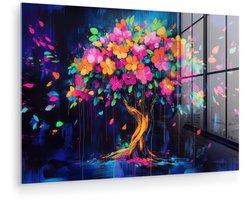 MuchoWow® Glasschilderij 90x60 cm - Schilderij acrylglas - Boom - Bloemen - Magisch - Gekleurde - Foto op glas - Muurdecoratie woonkamer - Wanddecoratie slaapkamer - Schilderijen