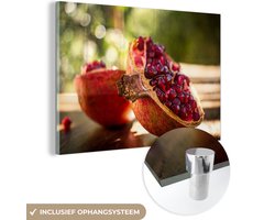 MuchoWow® Glasschilderij 90x60 cm - Schilderij acrylglas - Granaatappel - Picknicktafel - Lente - Foto op glas - Schilderijen