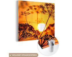 MuchoWow - Glasschilderij - Muurdecoratie - Zon - Planten - Oranje - Horizon - Acrylplaat - Wanddecoratie - Foto op glas - Acrylglas - 20x20 cm - Schilderijen woonkamer
