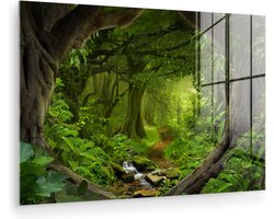 MuchoWow - Glasschilderij - Schilderij glas - Jungle - Rivier - Boom - Groen - Stenen - Foto op glas - Acrylglas - Schilderijen woonkamer - 150x100 cm - Wanddecoratie - Muurdecoratie