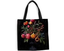 MuchoWow® Schoudertas - Strandtas - Big Shopper - Boodschappentas - Tulpen - Bessen - Boeket - Vaas - 45x45 cm - Katoenen tas